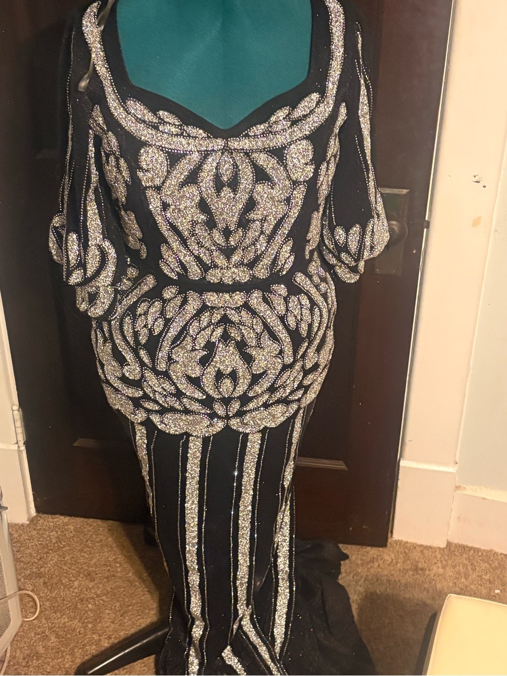 Black Sequin Evening Gown with Silver Embellishment